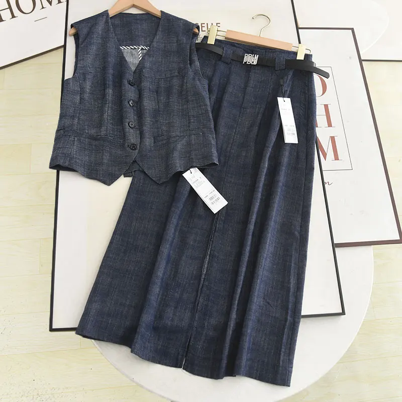 

Denim Suits V-neck Asymmetrical Sleeveless Vest Top Casual High-waisted Split Cross A-line Skirt Summer Commuting Two-piece Set