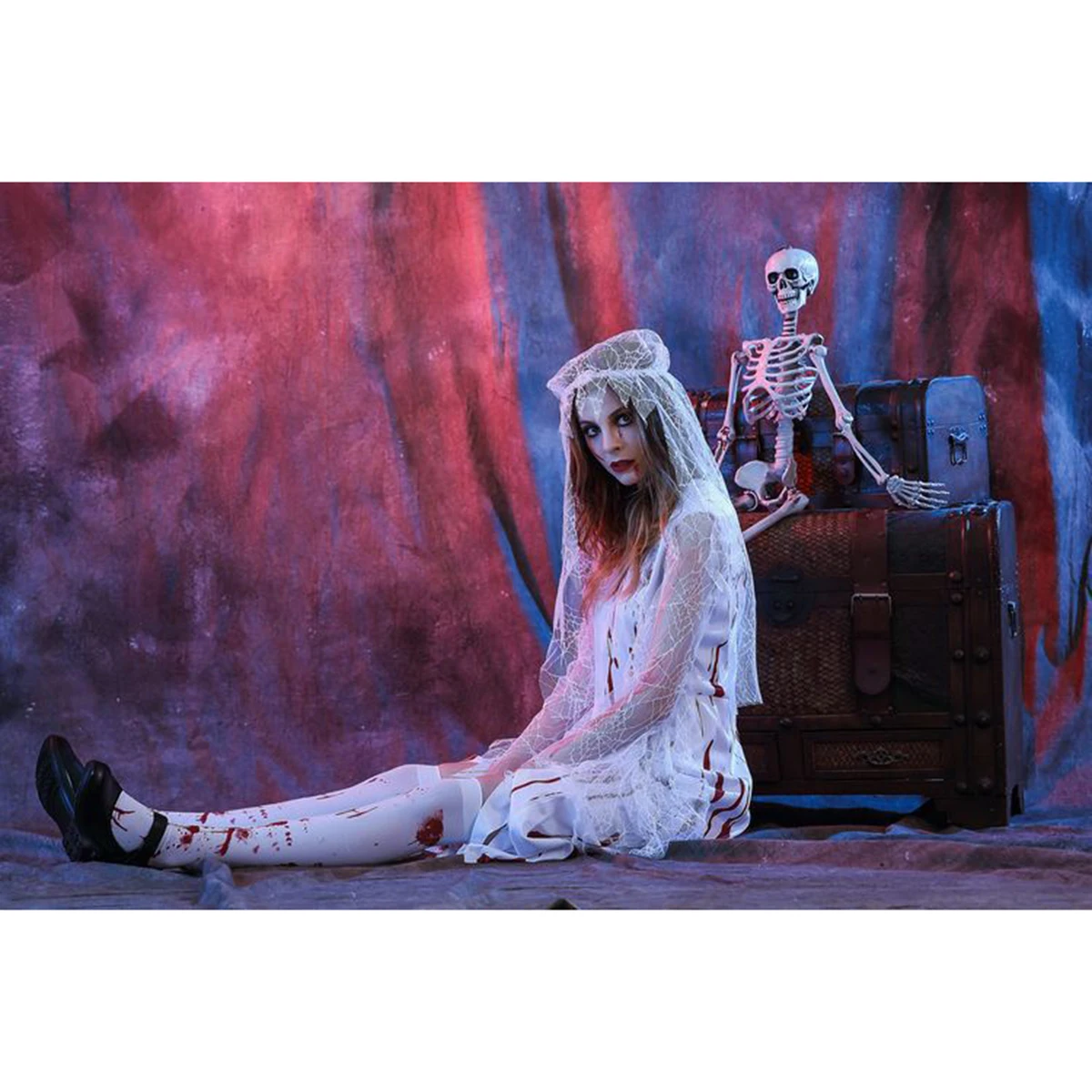 

Adult Women's Irregular Blood Corpse Bride Halloween Long Dress Party Cosplay Costume with Veil - Size (White)