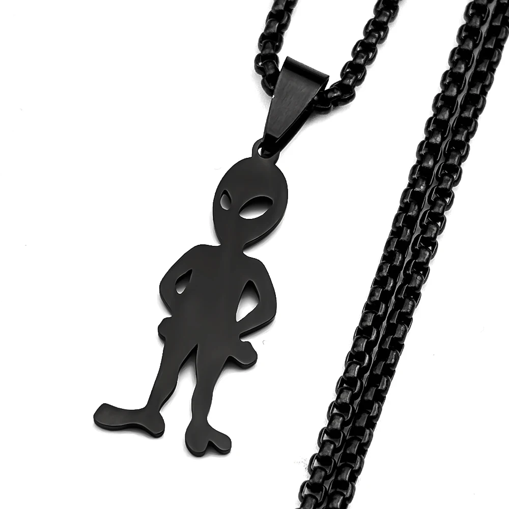 Lustige Alien-Anhänger-Halskette für Damen und Herren, Edelstahl, silberfarben, Goth-Streetwear, Rapper-Schmuck, Ketten-Accessoire – Detail 10