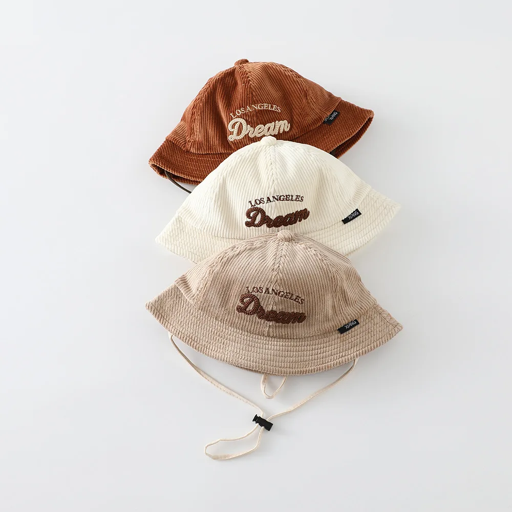 Baby Solid Color Sunscreen Hat Boys Keep Warm Corduroy Fisherman Hats Girls Sun Protection Letter Embroidery Bucket Cap Outdoor view 3