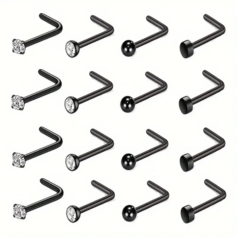 16pcs 20G الفولاذ المقاوم للصدأ L-شكل حلقات الأنف مع زيركونيا جولة الكرة والقرص تصميم النساء أنيقة الأنف دبابات ثقب المجوهرات #1
