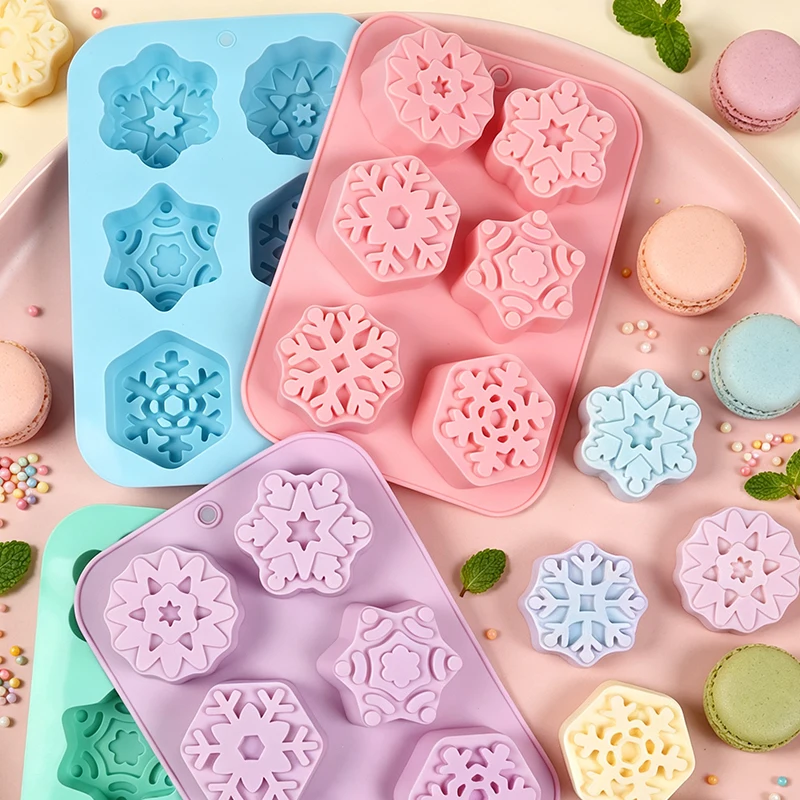 3D Snowflake Silicone Mold for Christmas 6-Cavity Snowflake Chocolate Ice Cube Mousse Cake Candle Soap Mold