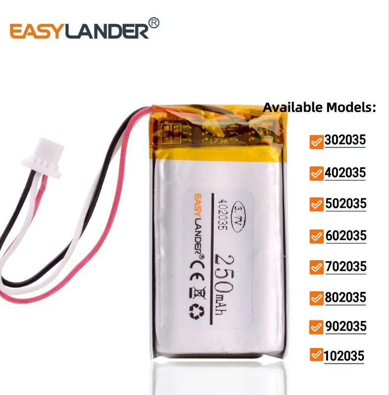 

3.7V 250mAh 402035 Lithium Polymer Rechargeable Battery JST 1.0mm-3pin 302035 502035 602035 702035 802035 902035 102035