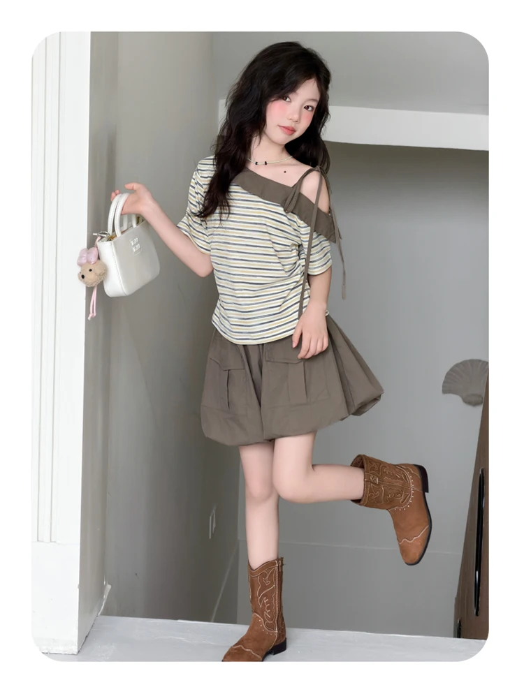 Sommer-Outfits für Teenager-Mädchen: Modisches Schulterfreies Gestreiftes Oberteil + Bloomer-Shorts, Kinderkleidung, Zweiteilige Sets, 6 8 10 12 14 Jahre – Detail 4