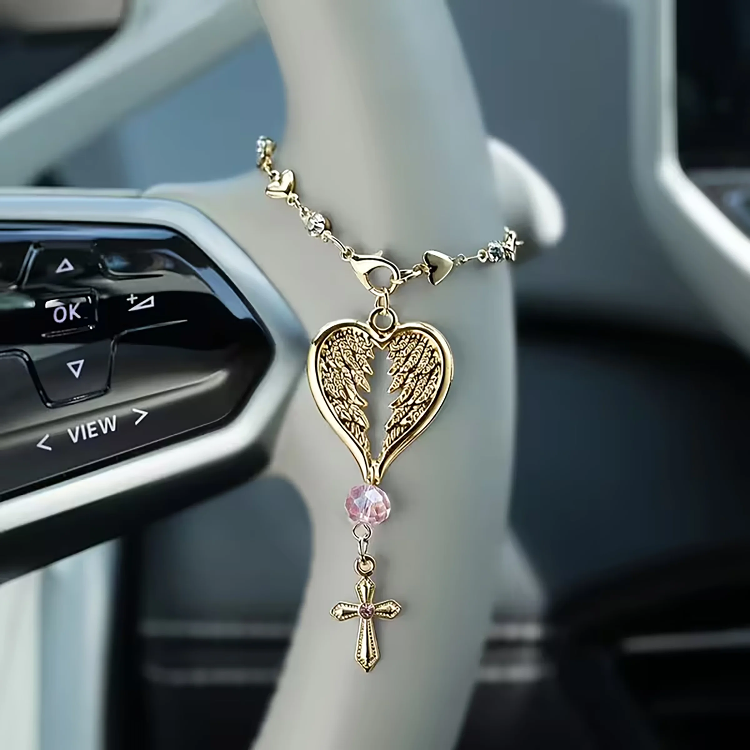 Vintage Angel Feather Cross Car Accessory Steering Wheel Pendant with Chain, Color and Style Random