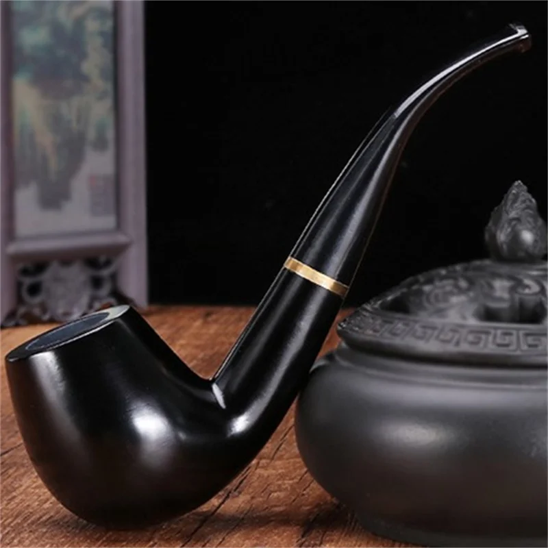 Ebony Wood 9mm Filter Flue Tobacco Pipe Retro Gentleman Bent Type Handle Handmade Smoking Pipe With Accessory Old Dad's Gift