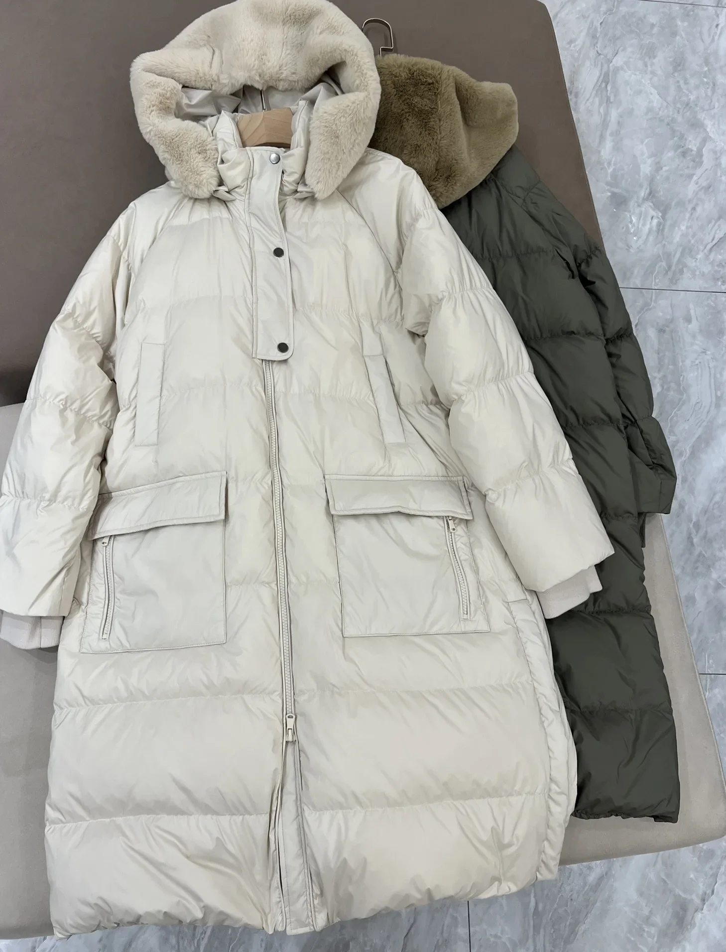 Winter B*C Goose Down Jacket for Women Fur Hooded Zipper Long Sleeve High Quality Warm Mid-Length Coat