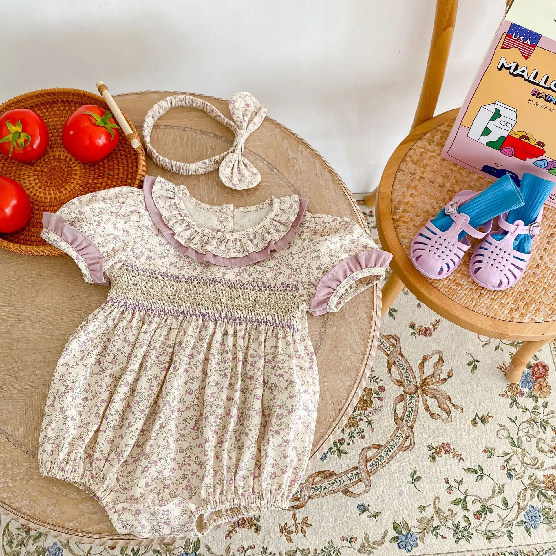

Baby Clothes Summer Baby Girls Jumpsuit Lacy Purple Flowers Jumpsuit Short Sleeve Infant Bodysuit Girls Casual +Headband Bodysui