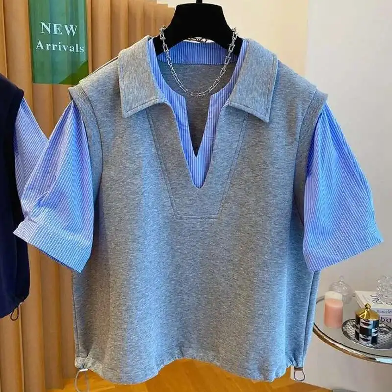 

Striped Spliced Fake Two Short Sleeve V-neck T-shirt Summer Women Loose Chic Patchwork Polo Collar Gray Top