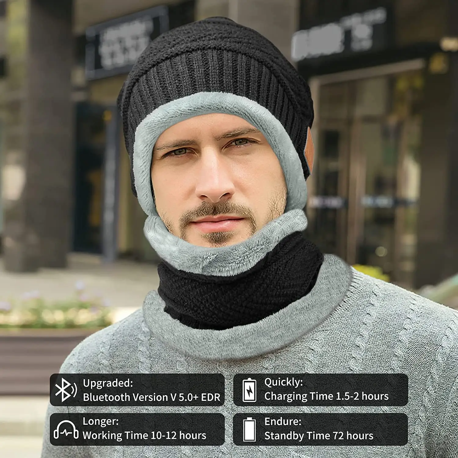 Gorro con Bluetooth V5.0 2 en 1, gorro con bufanda, gorro Musical cálido de invierno con bufanda para llamadas manos libres, gor