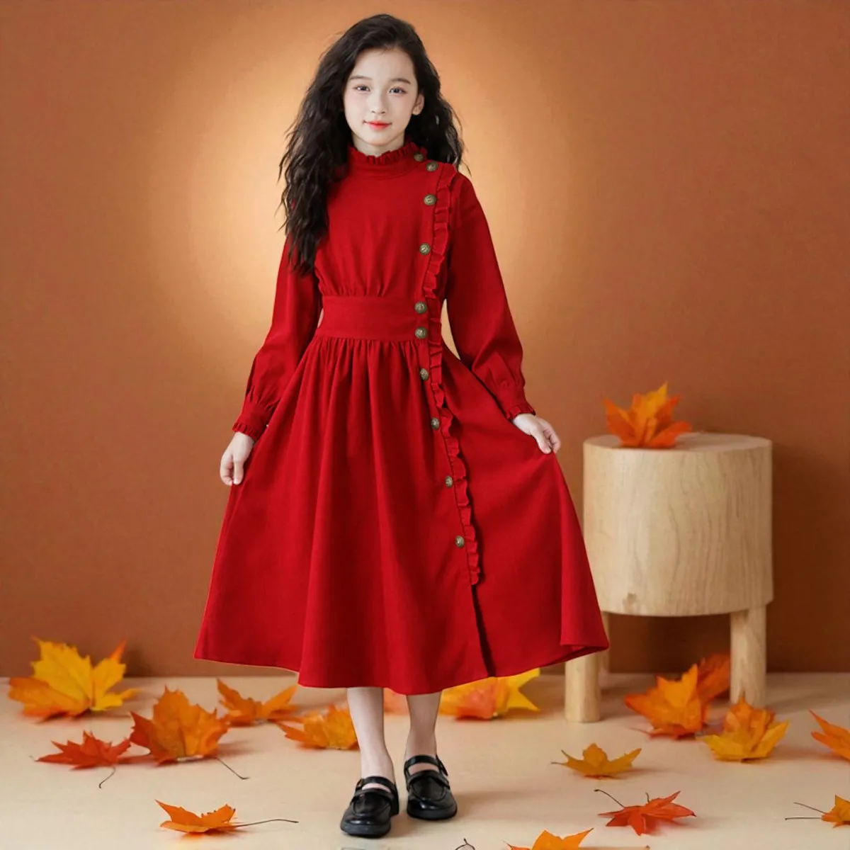 Kids Dress Red Corduroy Dress for Girls Christmas Dress Party Maxi outfits Teenagers Autumn Winter Dress Children Costumes 6-12