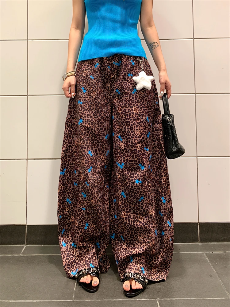 

Широкие брюки в американском стиле ретро со звездами и леопардовым принтом, женские универсальные брюки с ножом, повседневные свободные брюки