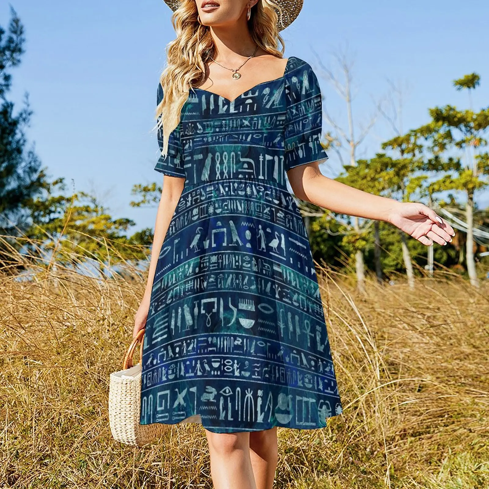 Egyptian hieroglyphs -silver on blue painted texture Short Sleeved Dress Long dresses luxury evening dresses 2025 Dress