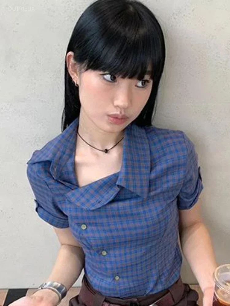 

Y2k Vintage Plaid Harajuku Shirts Summer Single Breasted Women Aesthetic Casual Blouses Japanese Slim Streetwear Tops