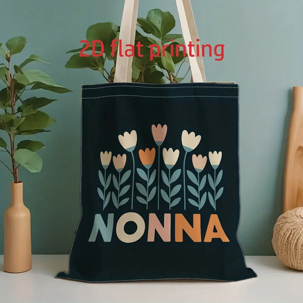 1pc Morandi Color Tulip NONNA Grandma Themed Tote Bag, Reusable Shopping Bag, Suitable for Daily Use, Shopping, School, Travel