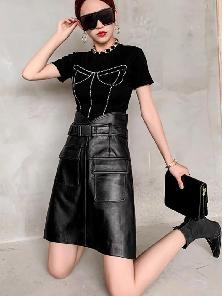 Genuine Leather Skirt Women High Waist Belted A Line Mini Wrap Skirt Spring Autumn New Female Slim Fit Soft Real Sheepskin Skirt