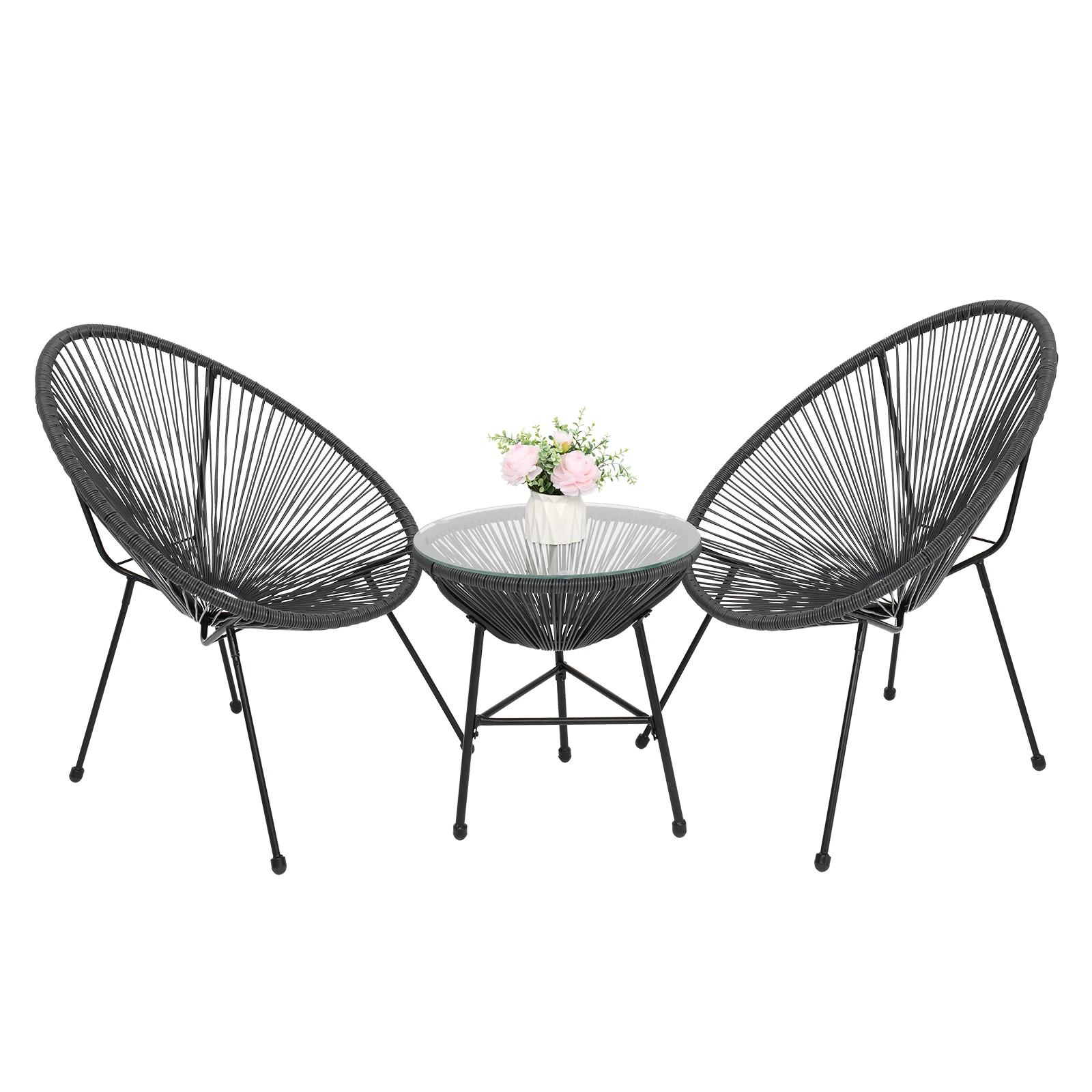 3 Piece All Weather Terrace Acapulco Bistro Furniture Set with 2 Chairs and Glass Top Grey for Garden Backyard Lawn Balcony