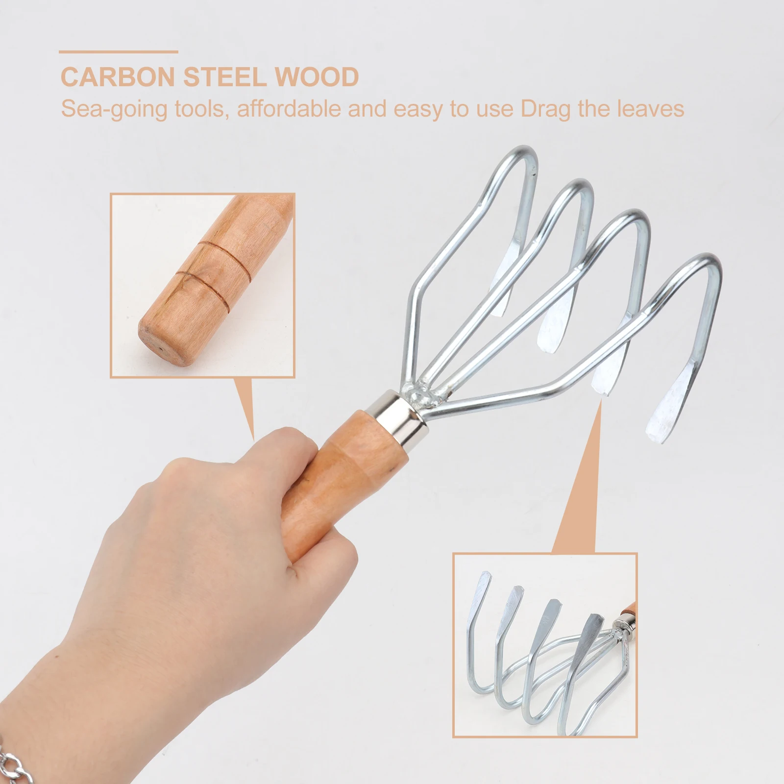 

1pc Flower Planting Rake Leaf Collection Tool High Carbon Steel Beach Digging Rake Wood Handle Multifunctional Gardening Tool