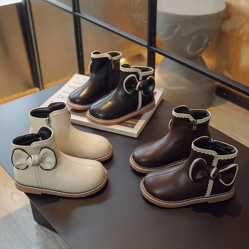

Kids Princess Style Leather Boots with Big Bow 2025 New Autumn Winter Girls Ankle Boots Non-slip Elegant Kids School Daily Wear