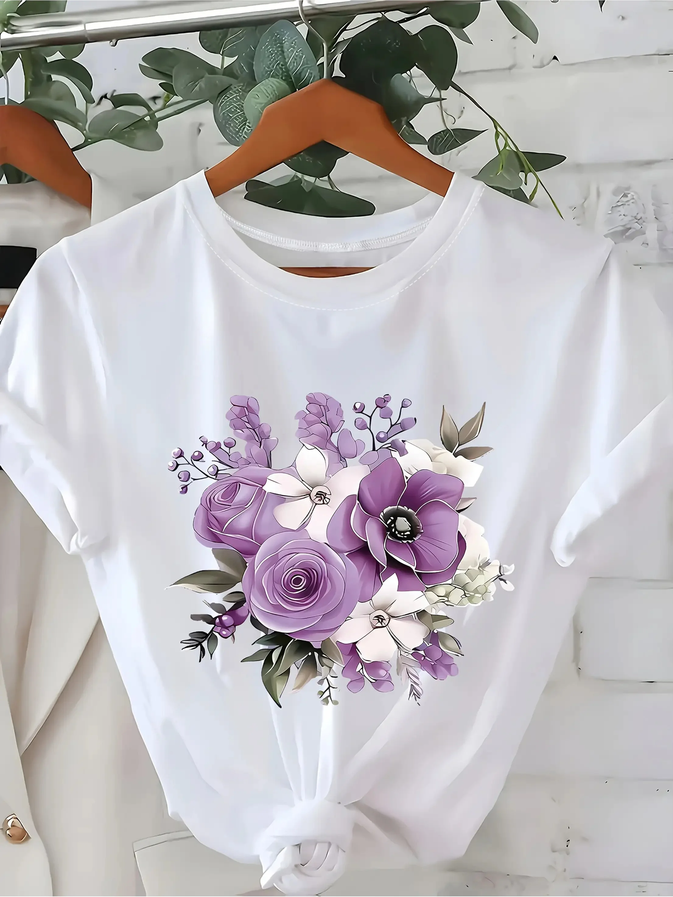 Lavender Purple Rose and Green Leaf Print Bohemian Style Floral TShirt Made Summer Short Sleeved Harajuku Streetwear Tops Tees