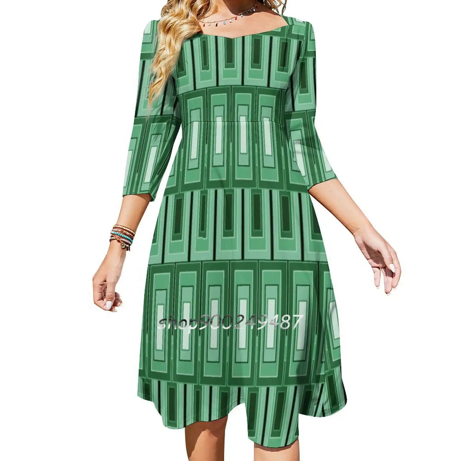 Panton / Art Deco Green Rectangles Sweet Elegant Dress Women Korean Kawaii Square Collar Dress Art Artdeco Panton Panton Era