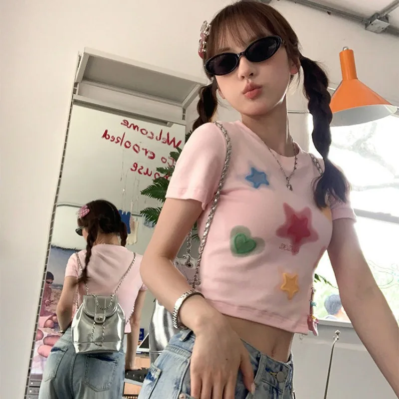 Korean Cute Star Print Graphic T Shirts Mini Crop Tops Women Girls Kawaii Grunge Clothes Hip Hop Streetwear Students Slim Summer