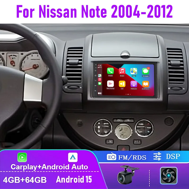 

7" 4+64GB For Nissan Note 2004-2012 Car Radio Wireless Carplay Android Auto Head Unit Steering Wheel Control Google Map