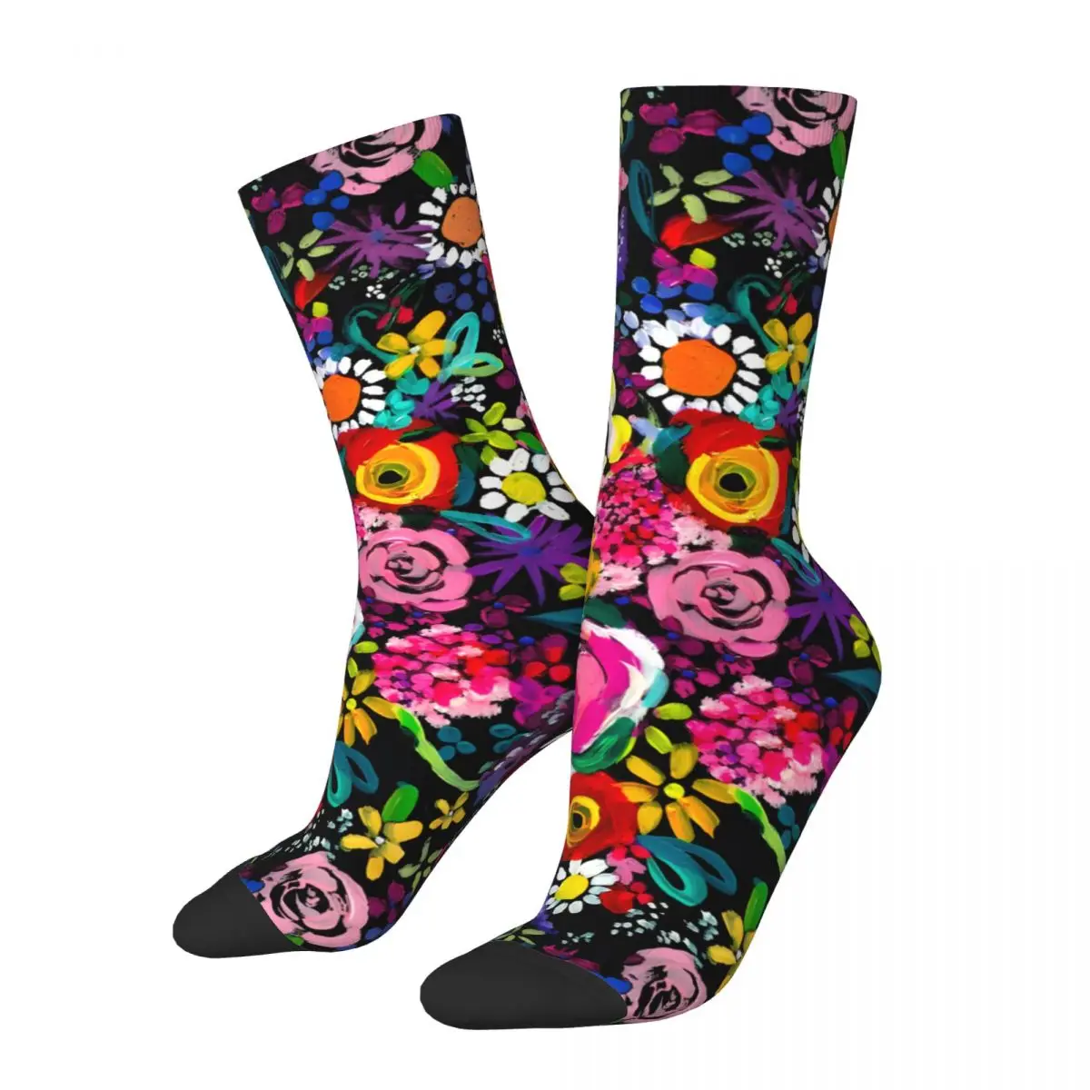 Les Fleurs Vibrant Floral Painting Print Men's Socks Vintage Harajuku Street Style Novelty Pattern Crew Sock