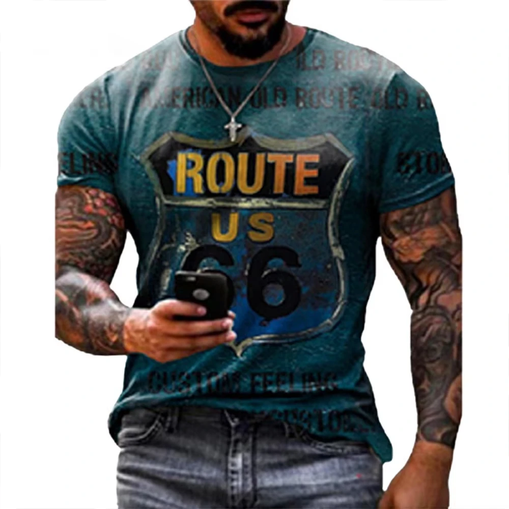 

Newest Summer Man Clothing Classic Retro Men 3d Printed Short Sleeve Top Route 66 T Shirt Men Oversized Short Sleeve T Shirt