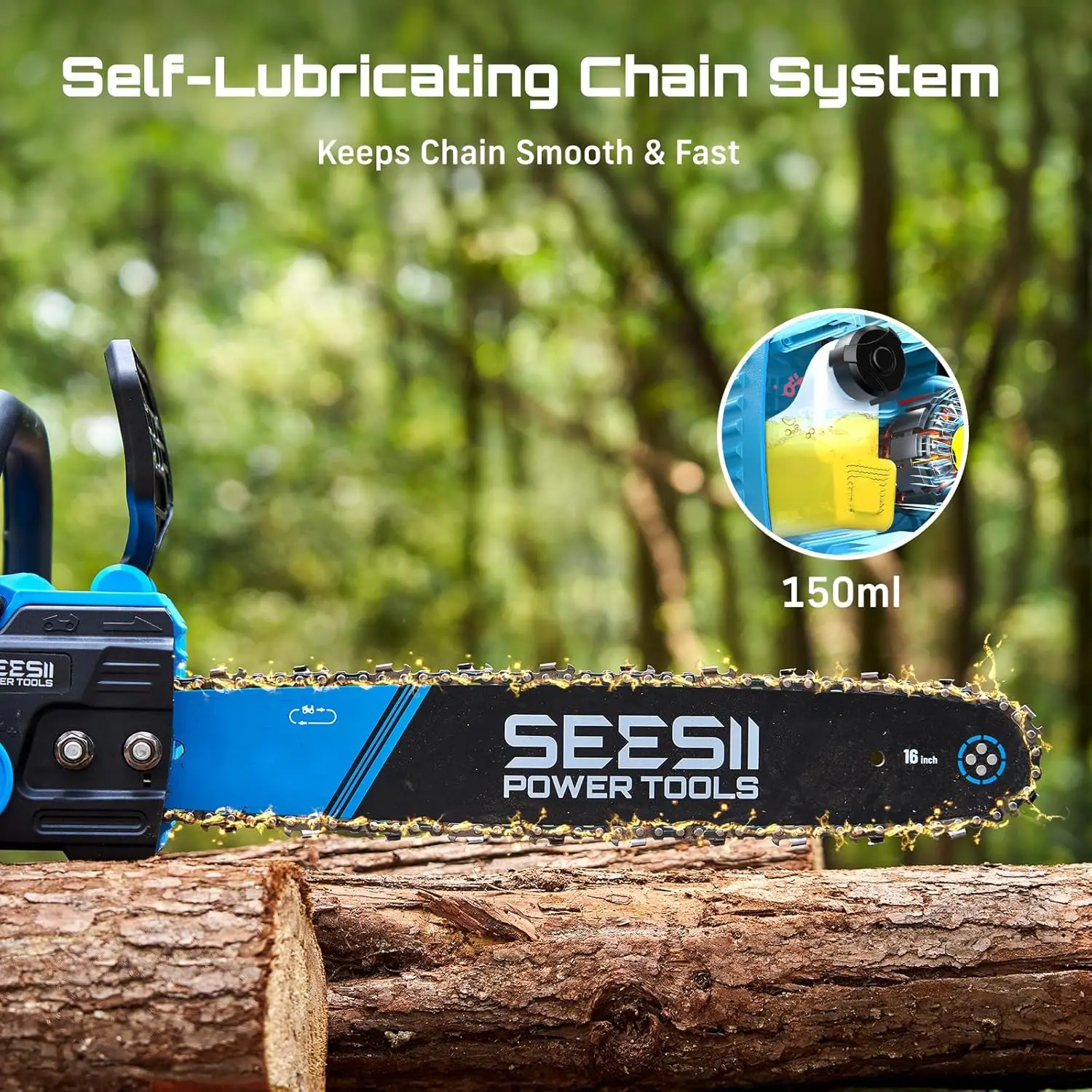 เลื่อยโซ่ไร้สาย Seesii 40V ขนาด 16 นิ้ว แบบไร้แปรงถ่าน พร้อมแบตเตอรี่ 2×4.0Ah สำหรับตัดแต่งกิ่งไม้ ตัดไม้ และงานสวน