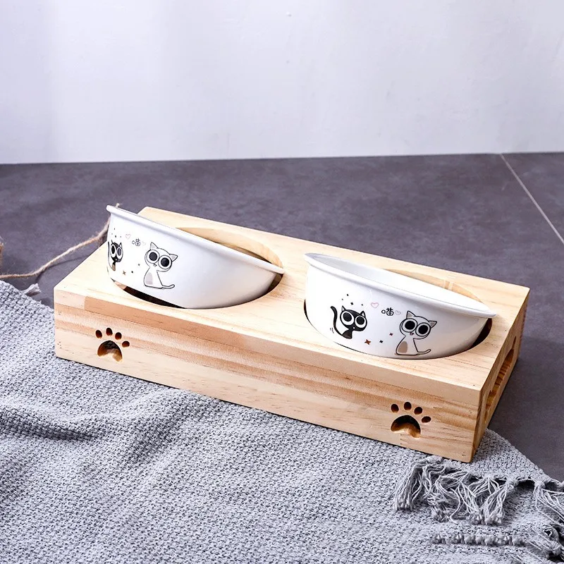 Bamboo cat bowl, ceramic pet bowl, solid wood pet dining table, drinking dog bowl