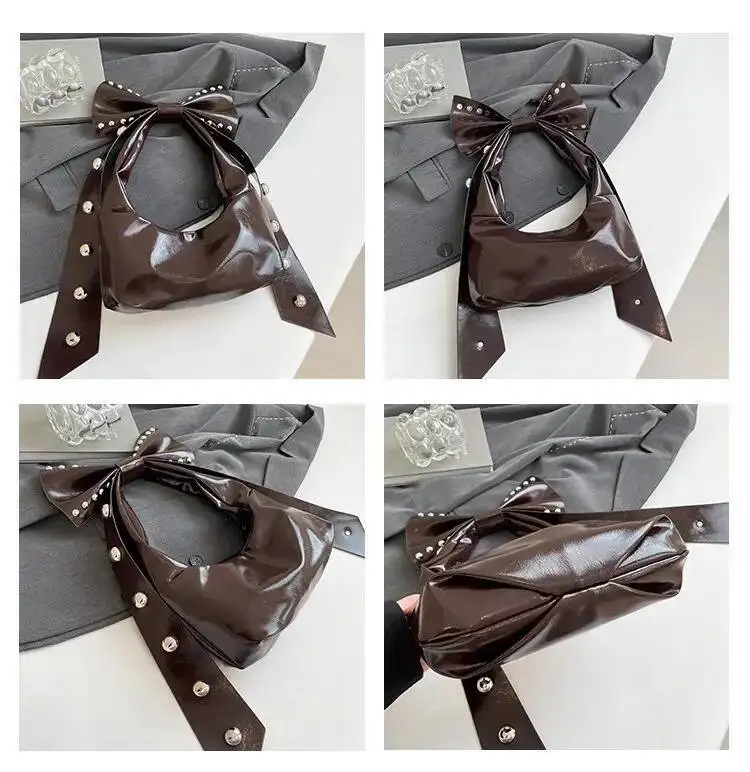 Bloom Fairy Core Aesthetic Pink Bow Shoulder Bags For Women Versatile Rivet Pu Leather Y2k Handbag Hot Girls Underarm Bag 2025