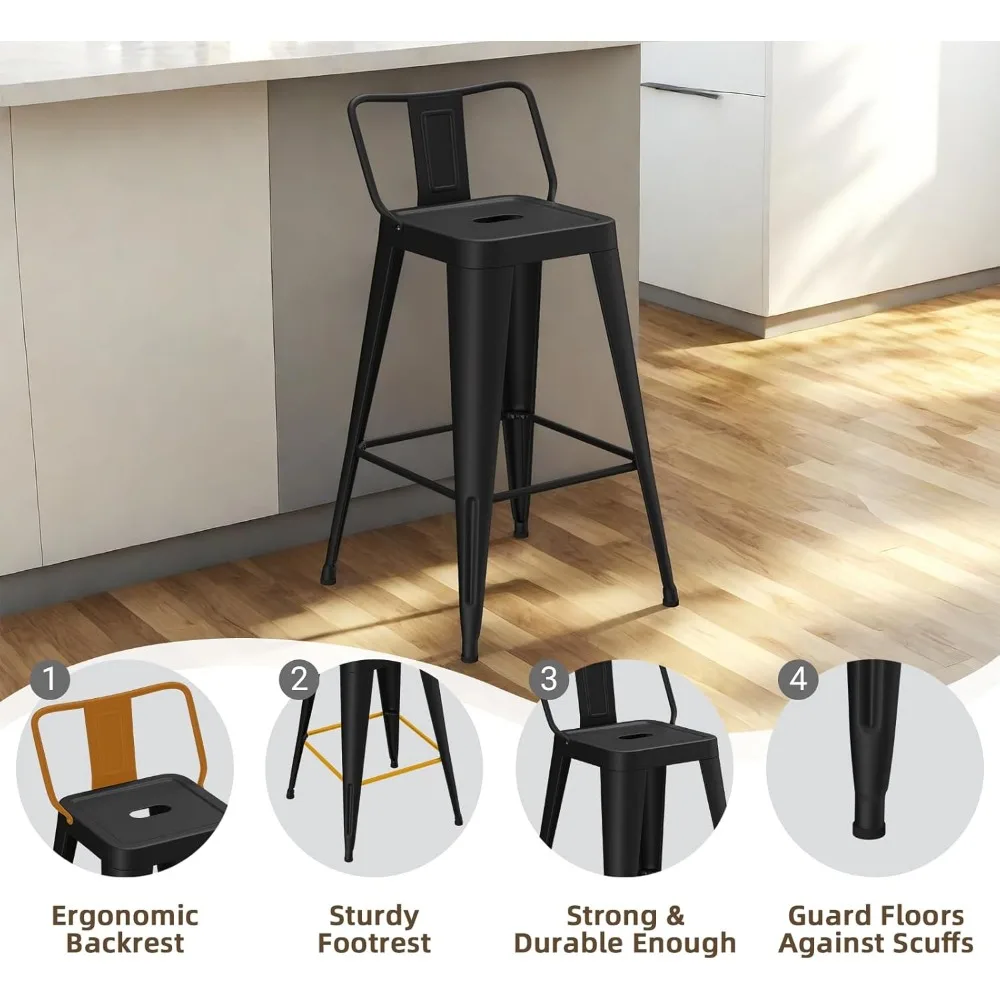 مقاعد بار معدنية، مقاعد بار ذات ارتفاع مضاد مع ظهر منخفض، كراسي بار صناعية حديثة للمطبخ (أسود غير لامع #4