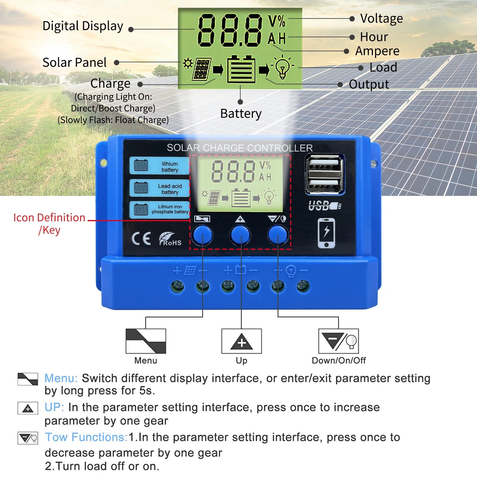 Régulateur De Charge Solaire PWM 30A 12V/24V Avec Écran LCD & USB – Contrôleur Intelligent Pour Panneaux Solaires & Batteries Plomb-Acide
