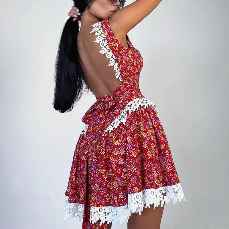 

Summer resort style 2024 new style stitching design floral suspender skirt sexy backless dress elegant sexy party club clothing