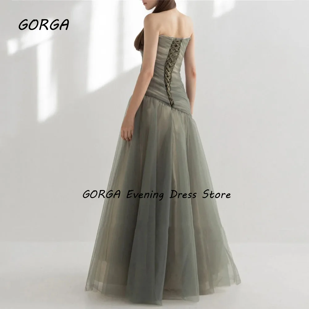 GORGA Simple Fairy Tulle A Line Korea Evening Dresses Wedding Photo shoot Strapless Floor Length Prom Gowns Bride Dress