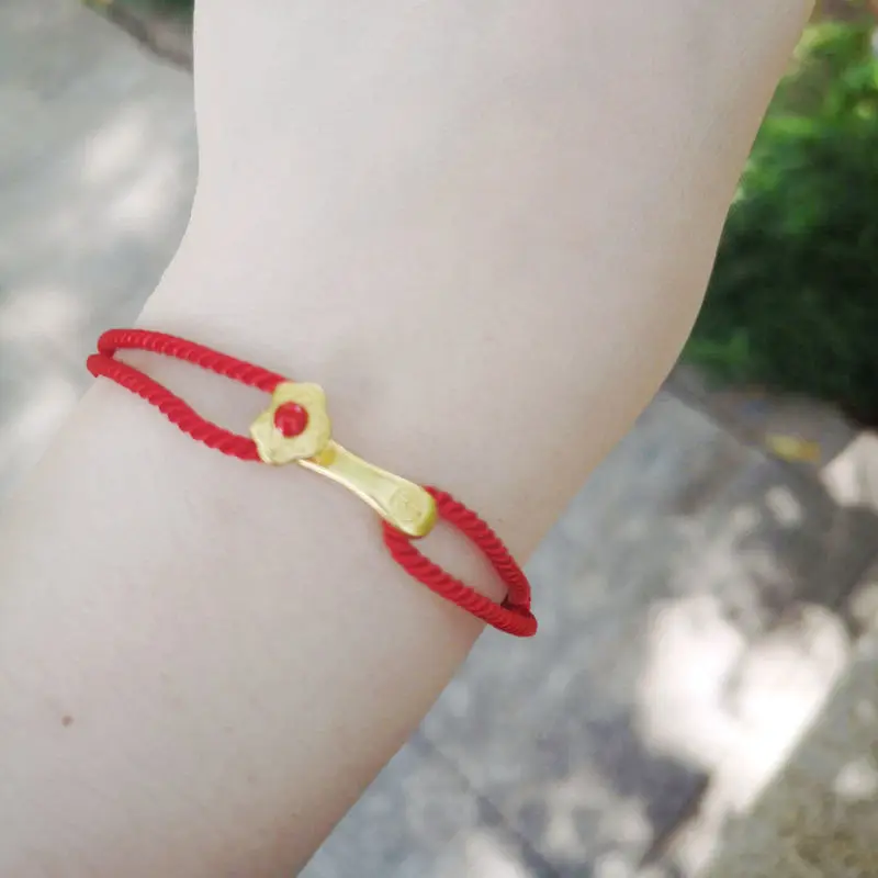 

Chic Golden Color Ruyi Charms Wrist Strap Good Fortune Red Lanyard Wristband Chinese Traditional Auspicious Items Braied Rope