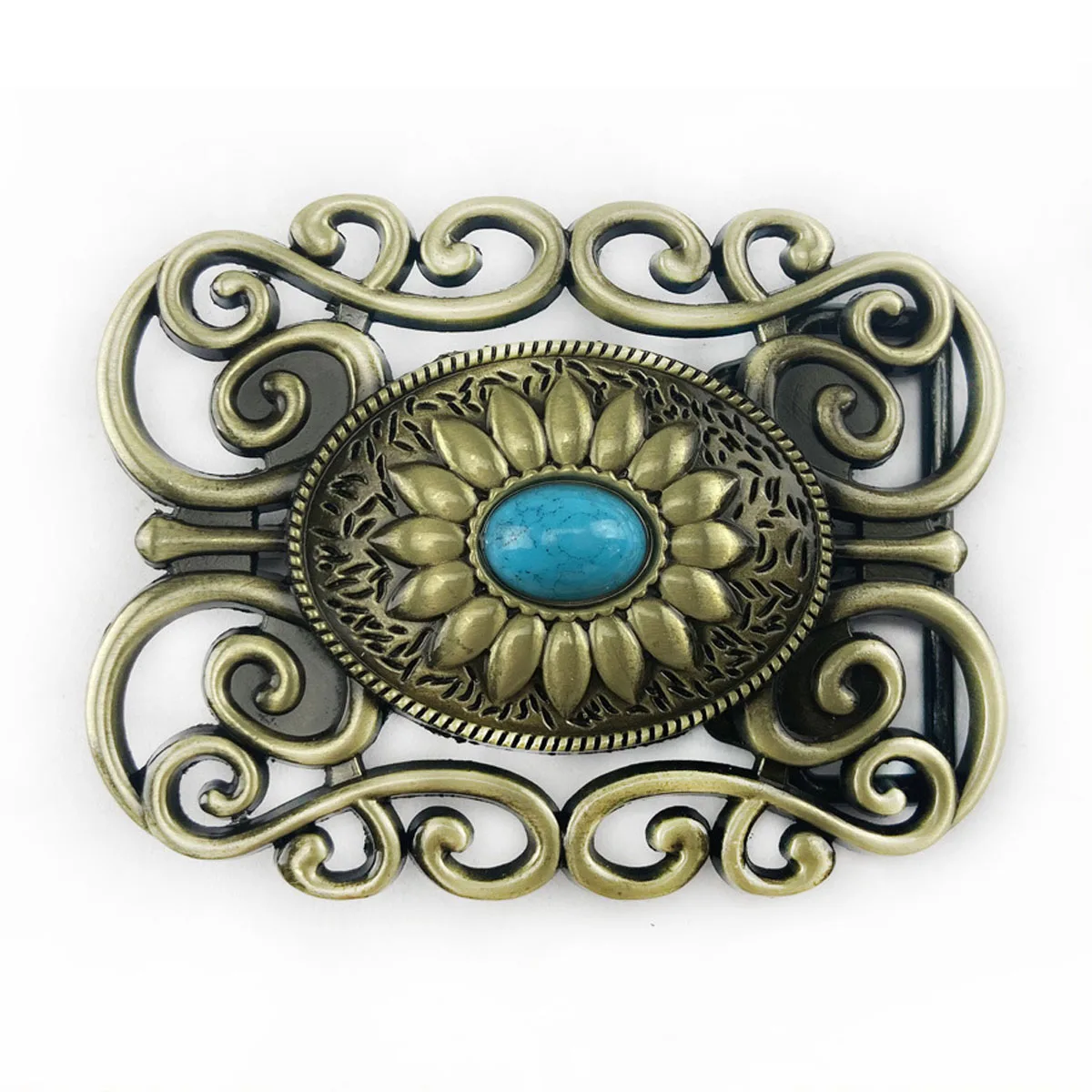 Retro Antique Bronze Color Hollow Scroll Sunflower Western Cowboy Belt Buckle Inlaid Turquoise Stone Dropshipping