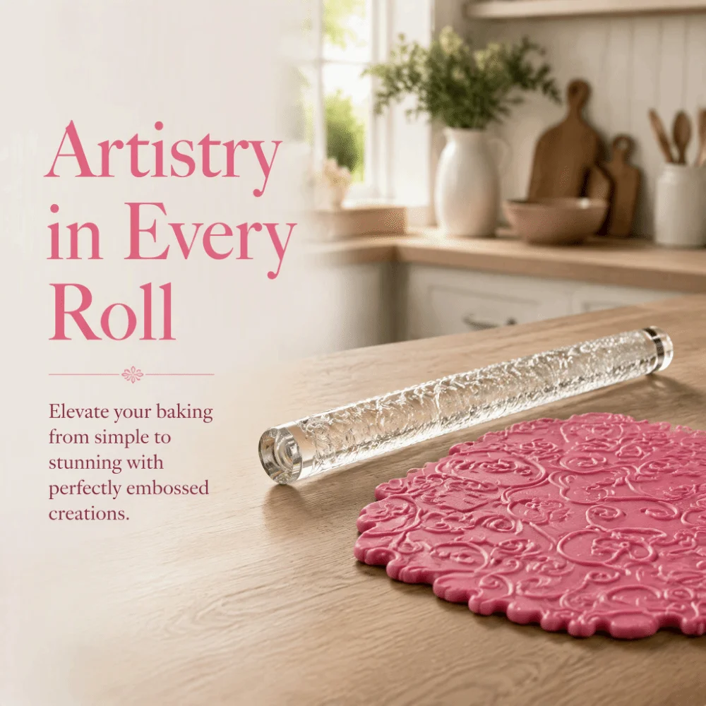 Floral Vine Embossed Acrylic Rolling Pin Comfortable Handle Acrylic Dough Rolling Pin Light Weight Compact Size