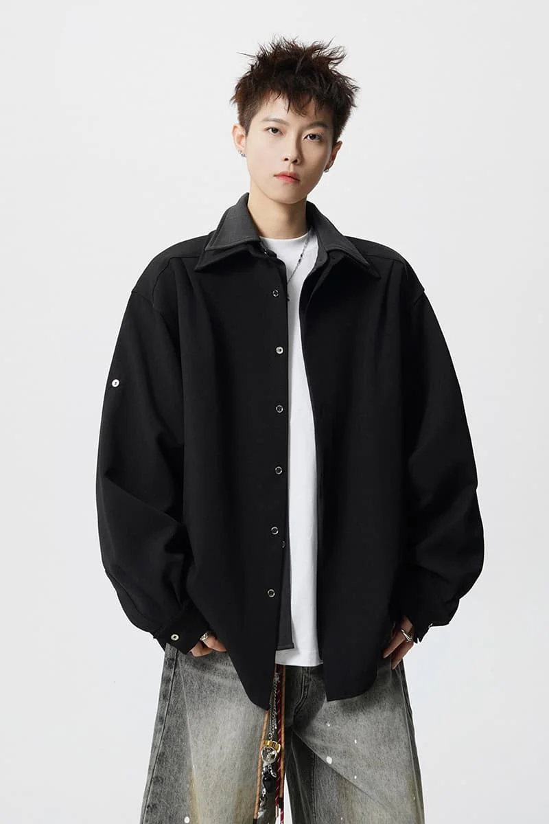 

Black Fake Two-Piece Collared Shirt, Breathable & Stretchable, Men's Casual Oversized Long Sleeve Button Shirt