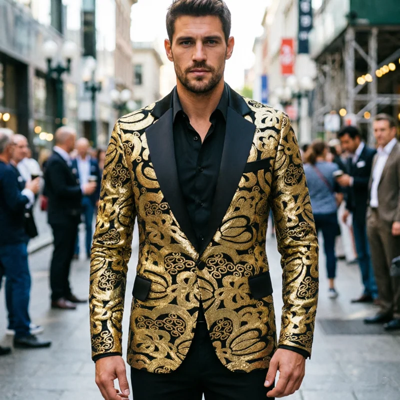 

Men's Gold Floral Sequin Suit Jacket , Black Velvet Lapel Luxury Blazer for Formal Events & Stage Performance, KTV ,Nightlife