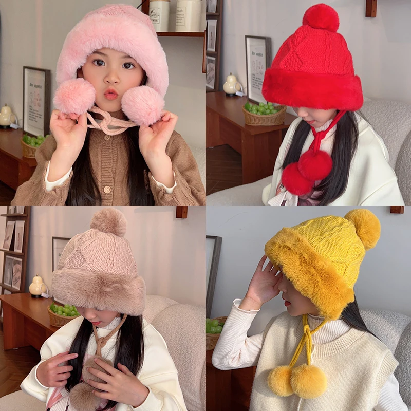 

Winter Kids Plush Ear Protection Hat Baby Warm Pullover Cap Pompom Beanie Solid Color Woolen Knit Hats 1-5Year Children Headgear