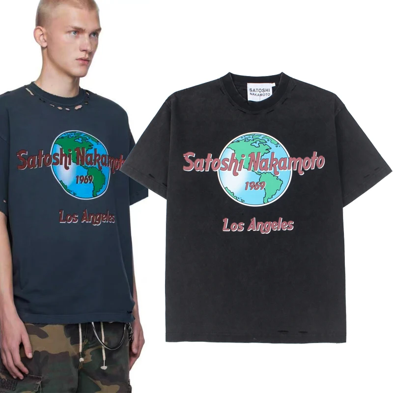 Summer fashion trend loose casual T-shirt SATOSHI NAKAMOTO black washed pure cotton short sleeved printed top Tee