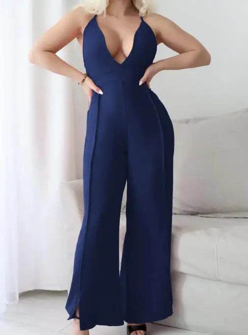 

Sexy Hot Girl Suspender Wide Leg Pants Women's Jumpsuit Summer Deep V-Neck Hanging Neck Backless Lace Up High Waisted Jumpsuit