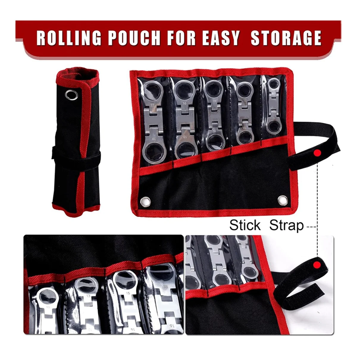 Conjunto de chave de catraca flexível toubby de 5 peças combinação métrica SAE 72 dentes, folheado a níquel com bolsa de rolamento