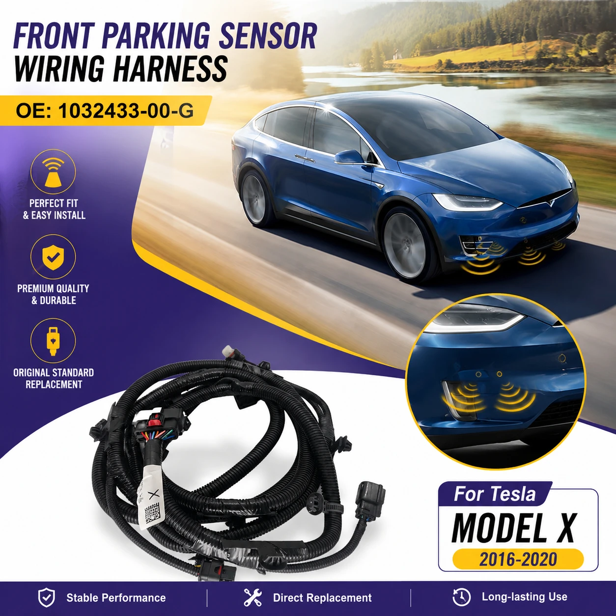 Front Parking Sensor Wiring Harness For Tesla Model X 2016-2020 Front Bumper PDC Sensor Cable Wire Replacement 1032433-00-G