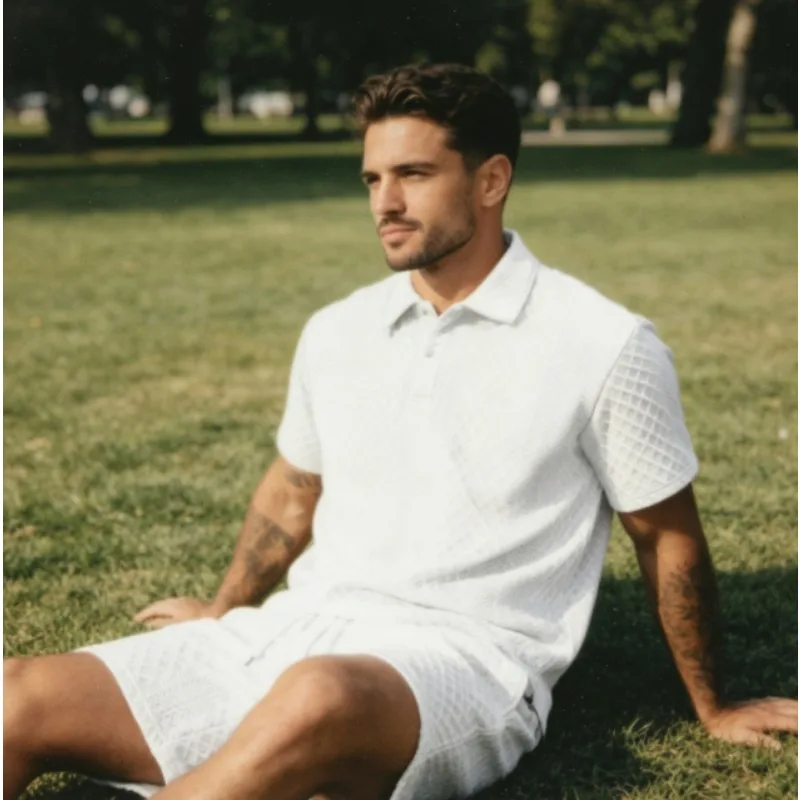 

Men's Summer Breathable Jacquard Short Sleeve Set with Matching Shorts for Casual Sport and Daily Wear
