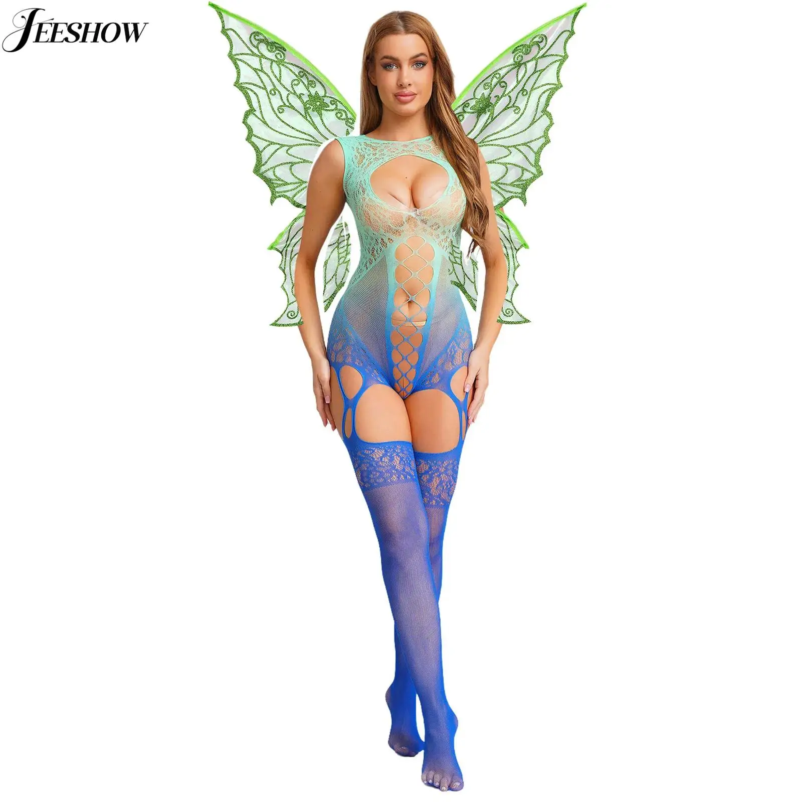 Traje de lingerie de fada feminino transparente fishnet sem mangas bodysuit com asas de borboleta oco para fora bodystockings nightwear