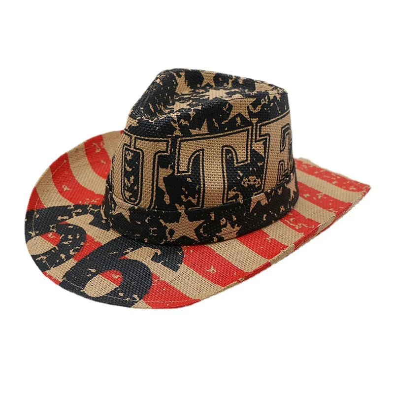 Men\'s cowboy hat Summer straw hat New printed cowboy woven straw hat Fashion casual outdoor sunshade knight hat