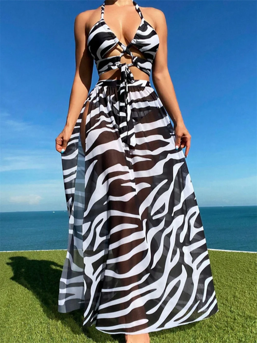 Black and White Zebra Print Bikini Skirt Cover-ups Hollow Out Cross Bandage Swimsuit Women Halter Backless 3 Piece Beach Outfit
